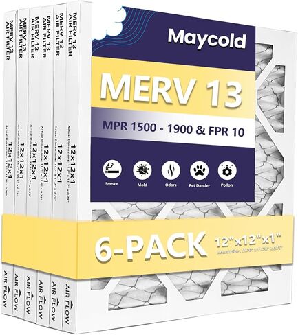 مرشحات هواء Maycold 12x12x1 كفاءة MERV 13 (6 عبوات)، إطار قابل لإعادة الاستخدام، يضمن الهواء النقي مع مرشحات HVAC المطوية، الحجم الفعلي: 11.7 بوصة × 11.7 بوصة × 0.75 بوصة in Saudi Arabia