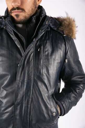 جاكيت بومبر رجالي من TruClothing ملابس خارجية مقاومة للرياح للشتاء منتفخ من الجلد الحقيقي معطف بقلنسوة من الفرو in Kuwait