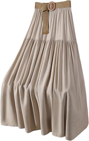 تنورة Verdusa النسائية بوهو ذات طبقات مكشكشة، تنورة ماكسي مرنة عالية الخصر على شكل حرف A مع حزام مجدول in Kuwait