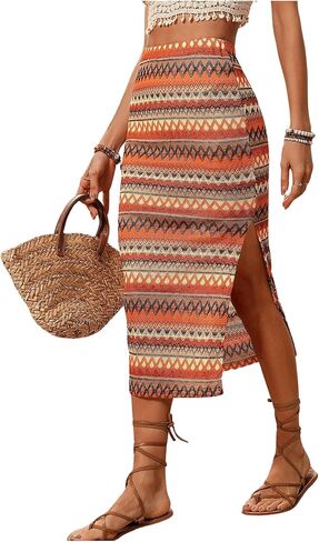 تنورة Floerns النسائية متوسطة الطول بطبعة قبلية وحاشية قابلة للتمدد لقضاء العطلات على الشاطئ in Kuwait