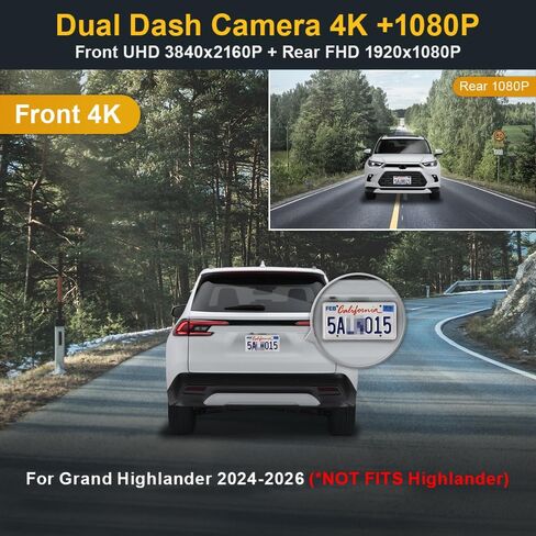 Fitcamx Front 4K+Rear 1080P Dash Cam Adapts for Toyota Grand Highlander 2024-2026 Hybrid (HD2-0E130), OEM Factory Look, Dual HD Video, WiFi & APP, Loop Recording, G-Sensor, Easy to Set, 128GB Card in Kuwait