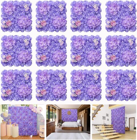 Flower Wall Panel 12-Piece of 16.5x16.5 Inch Artificial Floral Wall Backdrops White Silk Rose Wall Decor Ideal for Wedding Celebrations, Festive Party Backdrops and Home Decor in Kuwait