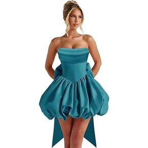 فساتين العودة للوطن بدون حمالات من الساتان للمراهقين، قصيرة على شكل حرف A مع فستان حفلة موسيقية بفيونكة in Kuwait