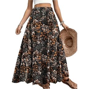 GORGLITTER المرأة حجم كبير الأزهار بوهو تنورة ماكسي مرونة عالية الخصر كشكش ألف خط Flowy عصر النهضة التنانير in Kuwait