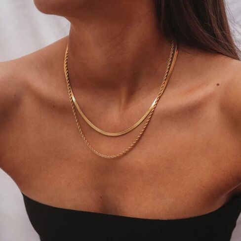 Women's Layered Gold Chain Necklace, 18K Gold Plated Stainless Steel Stackable Paperclip Tassel Sequin Flat Snake Chain Necklace Set, Fashion Jewelry Gift in Saudi Arabia