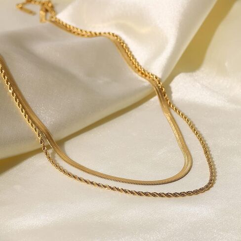 Women's Layered Gold Chain Necklace, 18K Gold Plated Stainless Steel Stackable Paperclip Tassel Sequin Flat Snake Chain Necklace Set, Fashion Jewelry Gift in Saudi Arabia