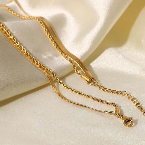 Women's Layered Gold Chain Necklace, 18K Gold Plated Stainless Steel Stackable Paperclip Tassel Sequin Flat Snake Chain Necklace Set, Fashion Jewelry Gift in Saudi Arabia