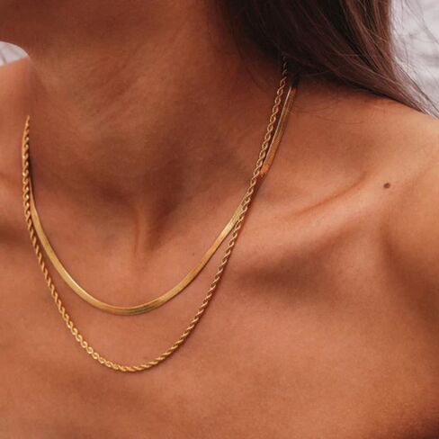 Women's Layered Gold Chain Necklace, 18K Gold Plated Stainless Steel Stackable Paperclip Tassel Sequin Flat Snake Chain Necklace Set, Fashion Jewelry Gift in Saudi Arabia