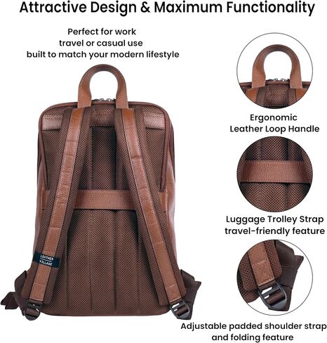 LEATHER VILLAGE Leather Laptop Backpack for Men |Brown | Slim Professional Business Bag Fits 15.6"-Laptop | Water-Repellent Work & Travel Daypack with Trolley Strap in Saudi Arabia