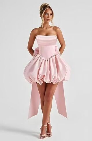 فساتين العودة للوطن بدون حمالات من الساتان للمراهقين، قصيرة على شكل حرف A مع فستان حفلة موسيقية بفيونكة in Kuwait