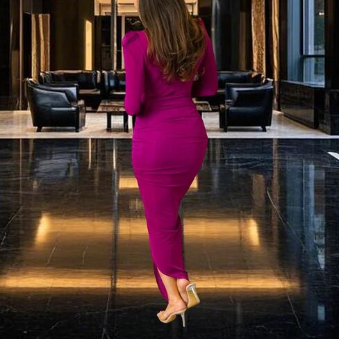 Women’s Midi Pencil Dress Bodycon V Neck Ruched Design Long Sleeve Cocktail Party Night Out Dinner Dresses in Saudi Arabia