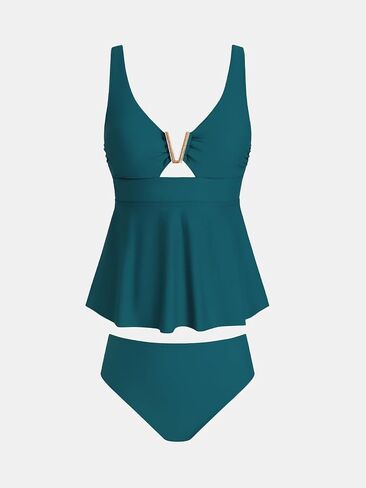 CUPSHE Women's Tankini Sets Two Piece Swimsuit Scoop Neck V Wire Bathing Suit Ruched Tummy Flowy Hem Mid Rise in Saudi Arabia