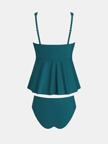 CUPSHE Women's Tankini Sets Two Piece Swimsuit Scoop Neck V Wire Bathing Suit Ruched Tummy Flowy Hem Mid Rise in Saudi Arabia
