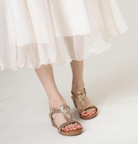 FRALOSHA Wedge Sandals for Women Dressy Elastic Ankle Strap Rhinestone Casual Summer Low Heel Comfortable Shoe in Saudi Arabia