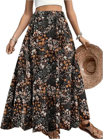 GORGLITTER المرأة حجم كبير الأزهار بوهو تنورة ماكسي مرونة عالية الخصر كشكش ألف خط Flowy عصر النهضة التنانير in Kuwait