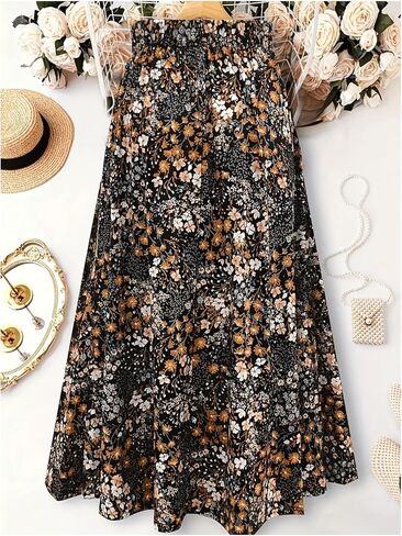 GORGLITTER المرأة حجم كبير الأزهار بوهو تنورة ماكسي مرونة عالية الخصر كشكش ألف خط Flowy عصر النهضة التنانير in Kuwait