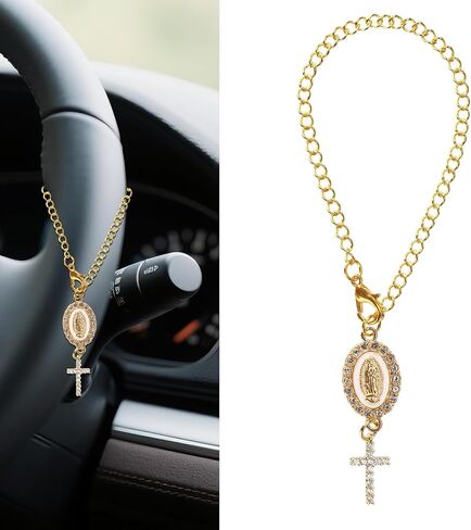 Steering Wheel Rosary Pendant, Catholic Car Accessory with Virgin Mary & Crucifix Rear View Mirror Hanging Rosary Charm (Gold) in Saudi Arabia