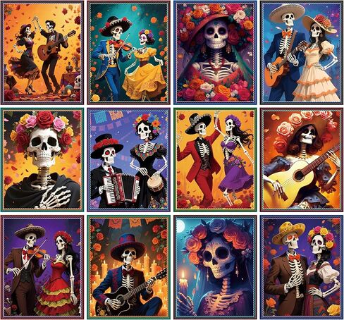 WATINC Day of The Dead Poster - 12PCS Halloween Sugar Skull Wall Art Print Decorations for Dia De Los Muertos Party, Mexican Skeleton Fiesta Carnival Bulletin Board Decor for Home Bedroom Office in Saudi Arabia