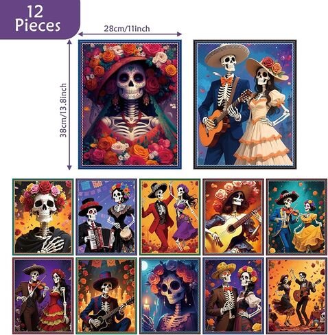 WATINC Day of The Dead Poster - 12PCS Halloween Sugar Skull Wall Art Print Decorations for Dia De Los Muertos Party, Mexican Skeleton Fiesta Carnival Bulletin Board Decor for Home Bedroom Office in Saudi Arabia