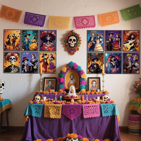 WATINC Day of The Dead Poster - 12PCS Halloween Sugar Skull Wall Art Print Decorations for Dia De Los Muertos Party, Mexican Skeleton Fiesta Carnival Bulletin Board Decor for Home Bedroom Office in Saudi Arabia