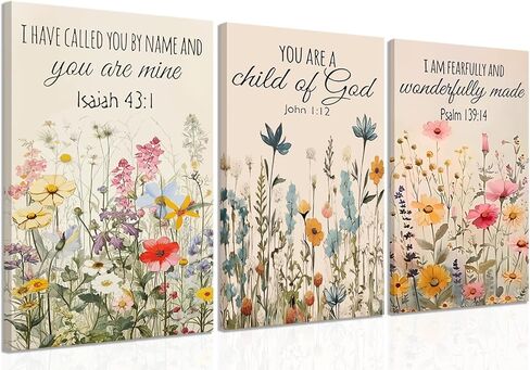 3Pcs Christian Floral Scripture Canvas Wall Art, Wildflower Bible Verse Posters Wall Decor, Psalm Religious Faith Art Pictures Prints for Living Room Bedroom Decorations 12x16in Framed in Saudi Arabia