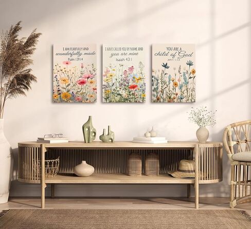 3Pcs Christian Floral Scripture Canvas Wall Art, Wildflower Bible Verse Posters Wall Decor, Psalm Religious Faith Art Pictures Prints for Living Room Bedroom Decorations 12x16in Framed in Saudi Arabia