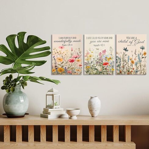 3Pcs Christian Floral Scripture Canvas Wall Art, Wildflower Bible Verse Posters Wall Decor, Psalm Religious Faith Art Pictures Prints for Living Room Bedroom Decorations 12x16in Framed in Saudi Arabia