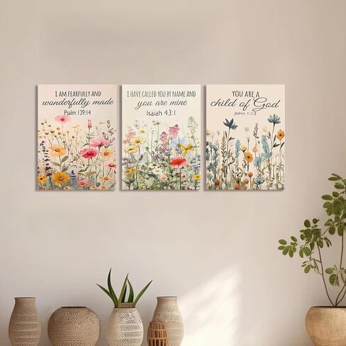 3Pcs Christian Floral Scripture Canvas Wall Art, Wildflower Bible Verse Posters Wall Decor, Psalm Religious Faith Art Pictures Prints for Living Room Bedroom Decorations 12x16in Framed in Saudi Arabia