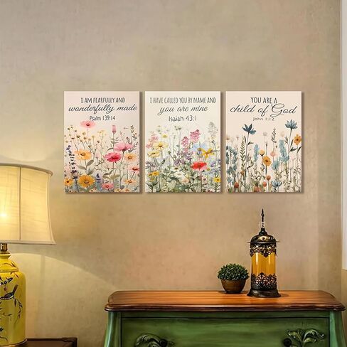 3Pcs Christian Floral Scripture Canvas Wall Art, Wildflower Bible Verse Posters Wall Decor, Psalm Religious Faith Art Pictures Prints for Living Room Bedroom Decorations 12x16in Framed in Saudi Arabia