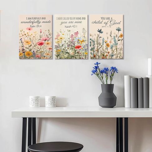 3Pcs Christian Floral Scripture Canvas Wall Art, Wildflower Bible Verse Posters Wall Decor, Psalm Religious Faith Art Pictures Prints for Living Room Bedroom Decorations 12x16in Framed in Saudi Arabia