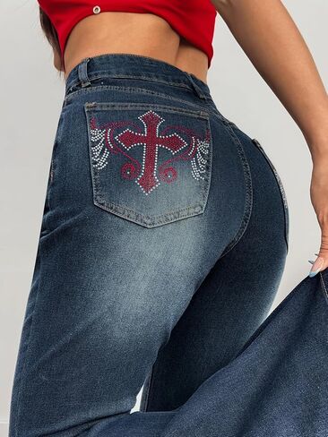 Womens High Waisted Bootcut Jeans Curvy Stretchy Buttoned Denim Pants Wide Leg Baggy Jean in Saudi Arabia
