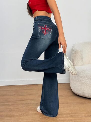 Womens High Waisted Bootcut Jeans Curvy Stretchy Buttoned Denim Pants Wide Leg Baggy Jean in Saudi Arabia