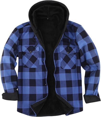 Mens Flannel Plaid Coral Fleece Lined Hooded Shirt Jacket Casual Long Sleeve Button Down Hoodie with Pockets in Saudi Arabia