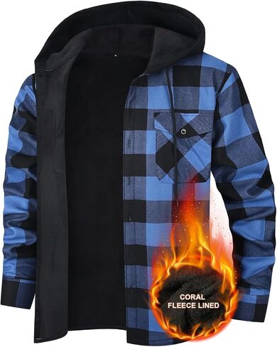 Mens Flannel Plaid Coral Fleece Lined Hooded Shirt Jacket Casual Long Sleeve Button Down Hoodie with Pockets in Saudi Arabia