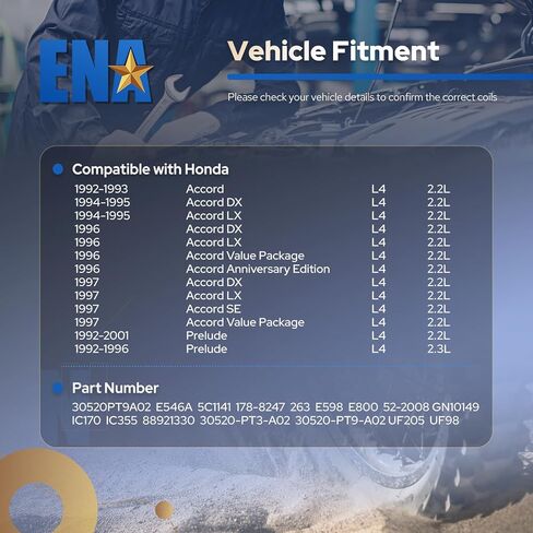مجموعة ENA مكونة من 1 ملف إشعال متوافق مع Honda Accord 1994 1995 1996 1997 (موزع TEC) مقدمة 1997 1998 1999 2000 2001 L4 2.2L لاستبدال 30520PT9A02 UF205 in Saudi Arabia
