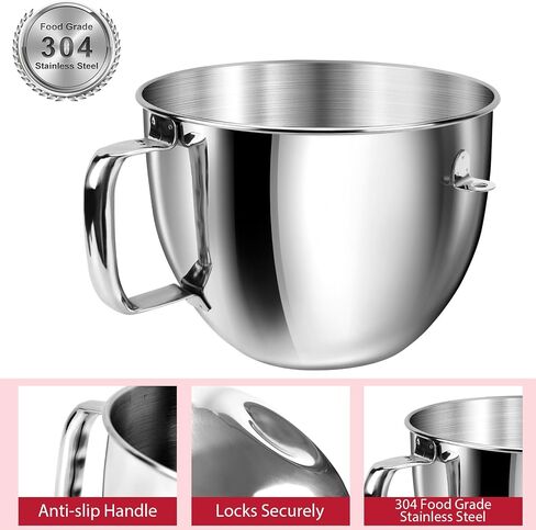 وعاء خلاط JEASOM 5QT لخلاطات حامل KitchenAid، وعاء خلط من الفولاذ المقاوم للصدأ 304 يحل محل KitchenAid Classic&Artisan 4.5/5QT خلاط برأس مائل، مقبض غير قابل للانزلاق مصمم لوعاء خلاطات مساعدات المطبخ in Kuwait
