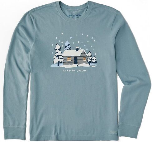 Life is Good. Men's Snowy Cabin in The Woods Long Sleeve Crusher Tee, Smoky Blue in Saudi Arabia