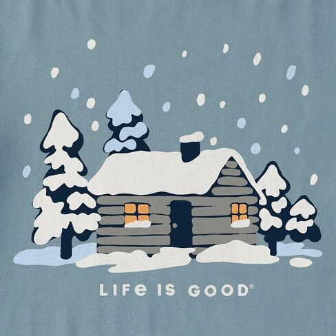 Life is Good. Men's Snowy Cabin in The Woods Long Sleeve Crusher Tee, Smoky Blue in Saudi Arabia