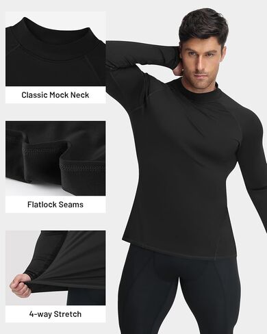 Runhit 2 Pack Men's Thermal Compression Shirts Long Sleeve Mock Turtleneck Fleece Lined Undershirt Athletic Base Layer in Saudi Arabia