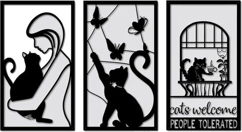 Set of 3 Metal Cat Wall Decor – 32×17 inch Black Hollow-Out Iron Cat Wall Art, Minimalist Wall Sculpture for Living Room, Bedroom, Office, Hallway or Porch Decoration in Saudi Arabia