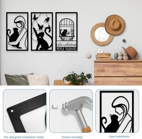 Set of 3 Metal Cat Wall Decor – 32×17 inch Black Hollow-Out Iron Cat Wall Art, Minimalist Wall Sculpture for Living Room, Bedroom, Office, Hallway or Porch Decoration in Saudi Arabia
