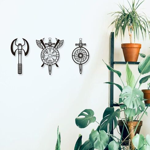 YATEASLU Viking Decor Premium Viking Shield & Weapons Set, Scandinavian Wall Art in Iron - Authentic Nordic Decor for Home (3-Piece Wall Sculpture) in Saudi Arabia