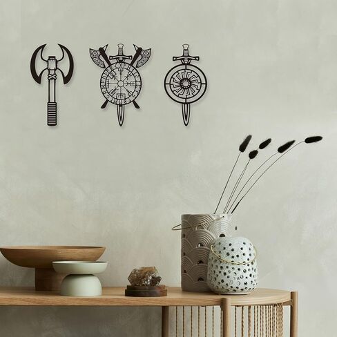 YATEASLU Viking Decor Premium Viking Shield & Weapons Set, Scandinavian Wall Art in Iron - Authentic Nordic Decor for Home (3-Piece Wall Sculpture) in Saudi Arabia