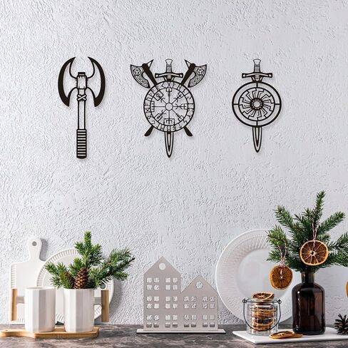 YATEASLU Viking Decor Premium Viking Shield & Weapons Set, Scandinavian Wall Art in Iron - Authentic Nordic Decor for Home (3-Piece Wall Sculpture) in Saudi Arabia