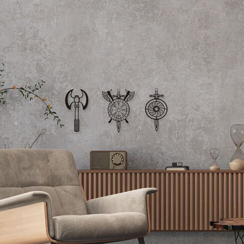 YATEASLU Viking Decor Premium Viking Shield & Weapons Set, Scandinavian Wall Art in Iron - Authentic Nordic Decor for Home (3-Piece Wall Sculpture) in Saudi Arabia