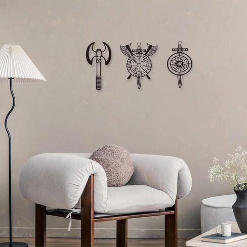 YATEASLU Viking Decor Premium Viking Shield & Weapons Set, Scandinavian Wall Art in Iron - Authentic Nordic Decor for Home (3-Piece Wall Sculpture) in Saudi Arabia