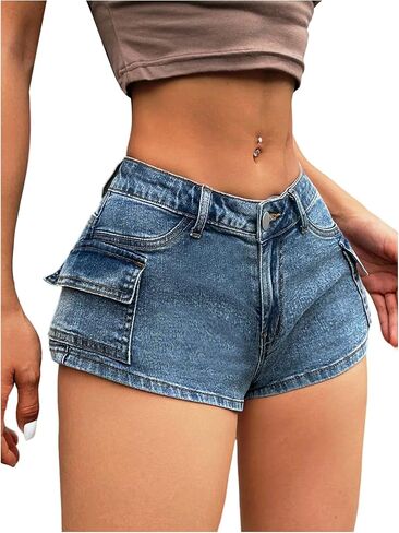 WDIRARA Women's Low Rise Denim Cargo Shorts Stretchy Skinny Jean Shorts with Pockets in Saudi Arabia