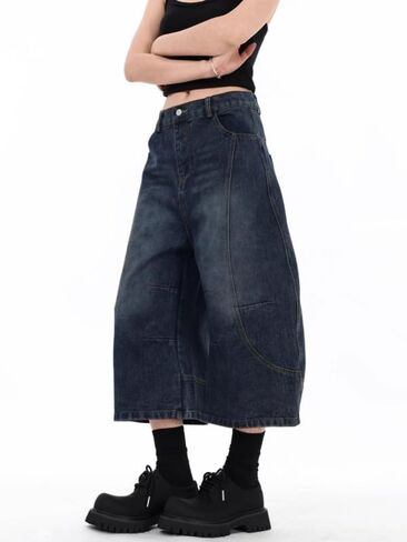 فضفاض Jorts المرأة منخفضة الارتفاع شورتات جينز Y2k واسعة الساق الدنيم الجرونج السراويل الصيف فضفاض الدنيم طويل Jorts الشارع الشهير in Kuwait