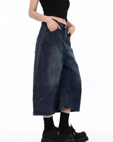 فضفاض Jorts المرأة منخفضة الارتفاع شورتات جينز Y2k واسعة الساق الدنيم الجرونج السراويل الصيف فضفاض الدنيم طويل Jorts الشارع الشهير in Kuwait