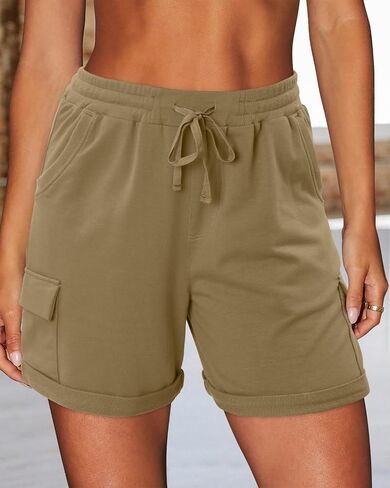 Womens Drawstring Elastic Waist Cargo Shorts High Waisted Rolled Edge Pocketed Summer Casual Shorts in Saudi Arabia